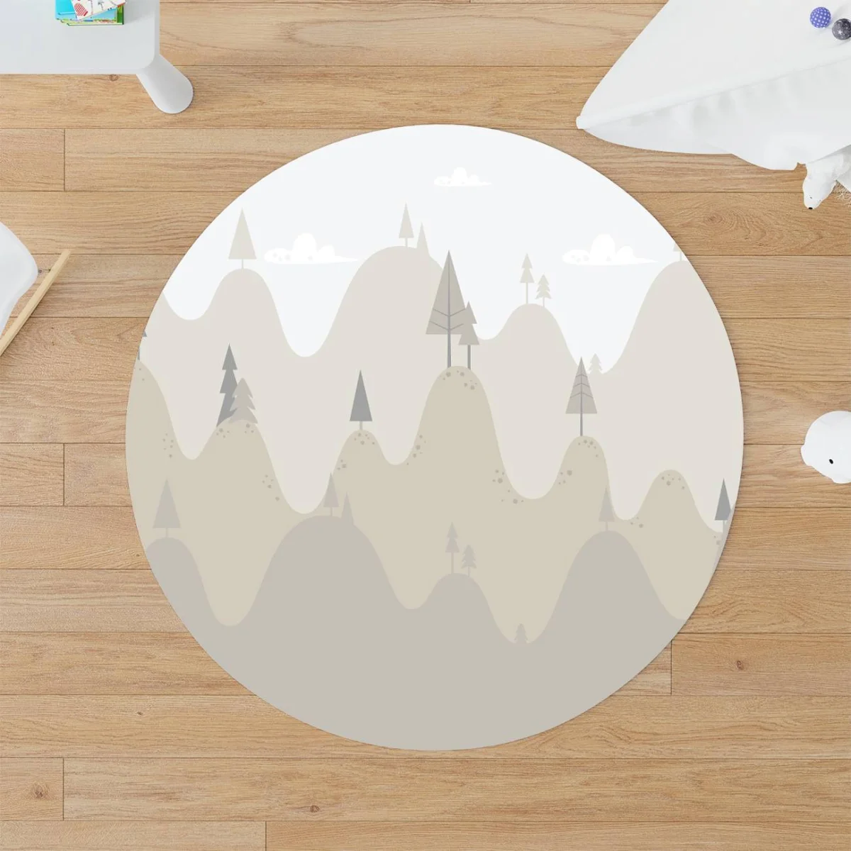 Doğa, Orman, Dağlar Yuvarlak Halı | Beyaz tepeler, ağaçlar Desenli