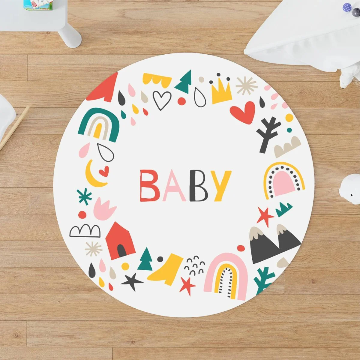 Baby teması Yuvarlak Halı | Beyaz gökkuşağı, dağlar Desenli