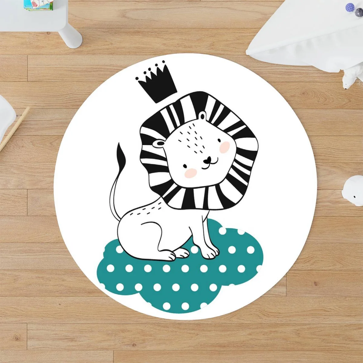 Aslan Yuvarlak Halı | Beyaz bulutlar, yıldızlar Desenli