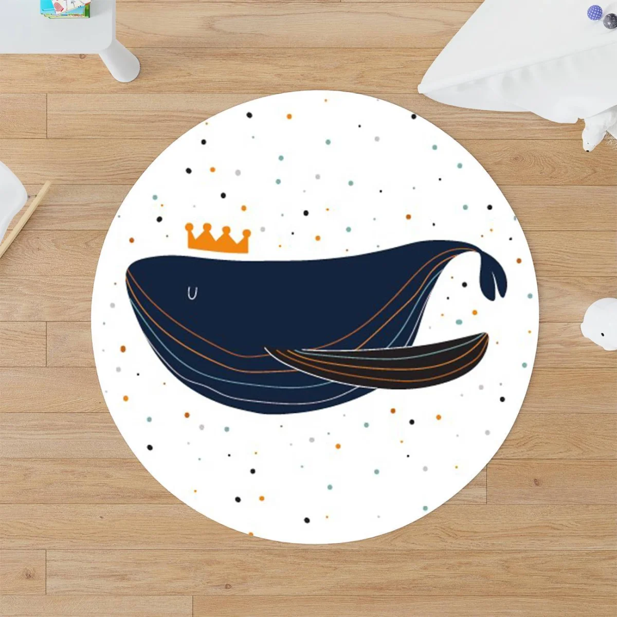 Deniz Hayvanları (Balina, Ahtapot) Yuvarlak Halı | Beyaz Taç, minik noktalar Desenli