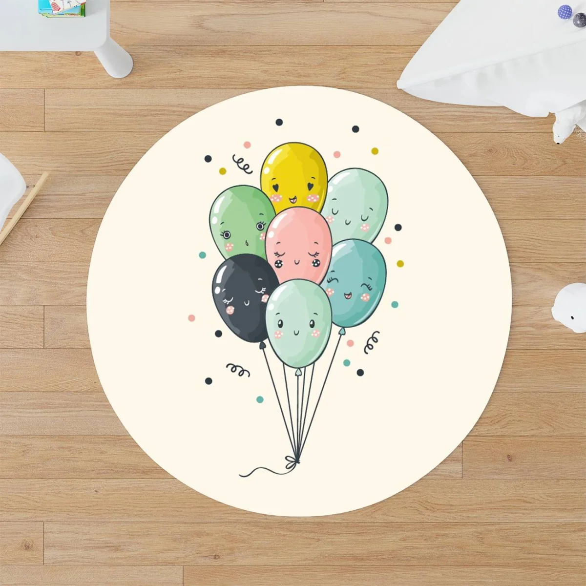 Sevimli Balonlar Yuvarlak Halı | Ekru gökkuşağı, bulutlar Desenli