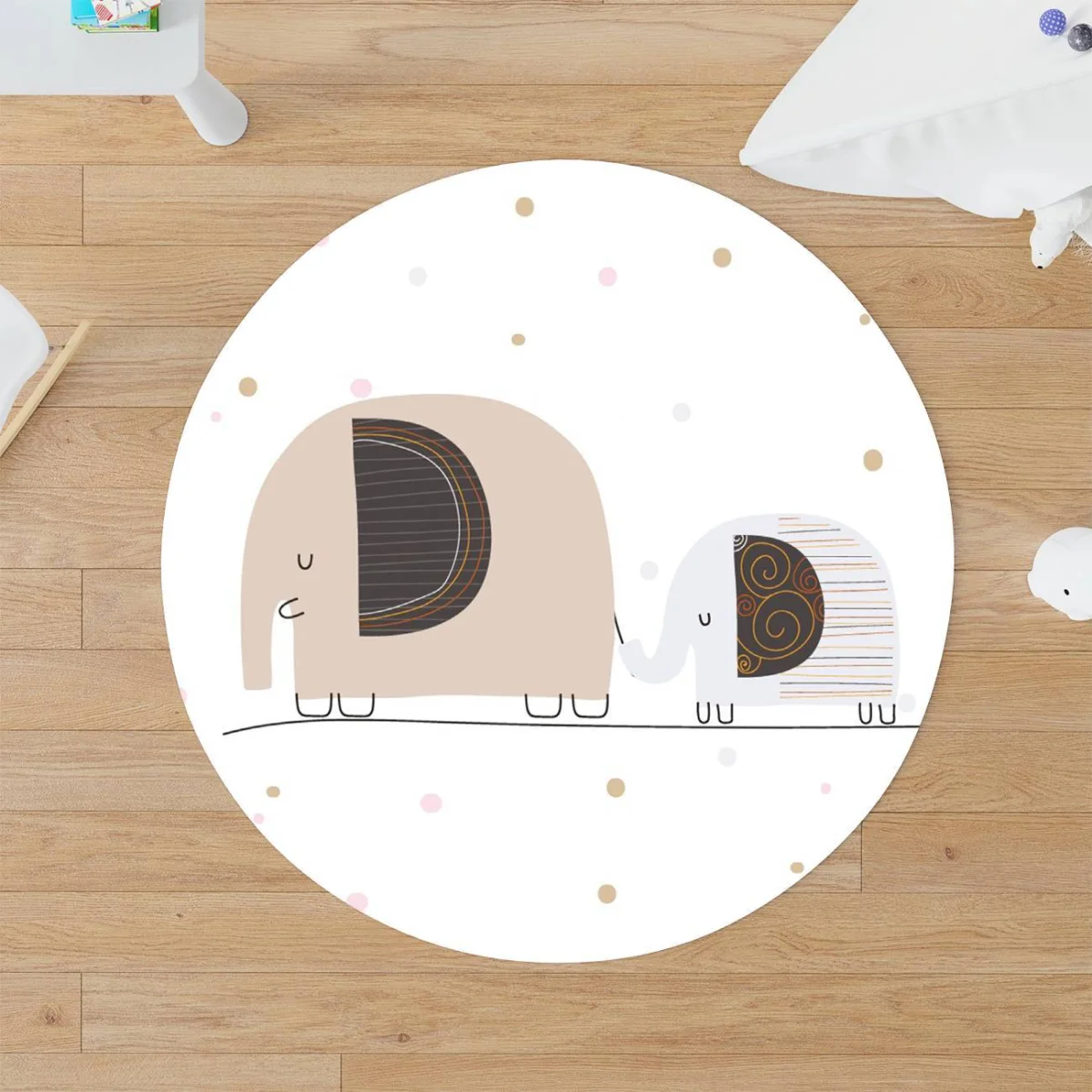 Şehirli Filler Yuvarlak Halı | Beyaz pembe ve altın rengi puantiyeler, şehir binaları Desenli