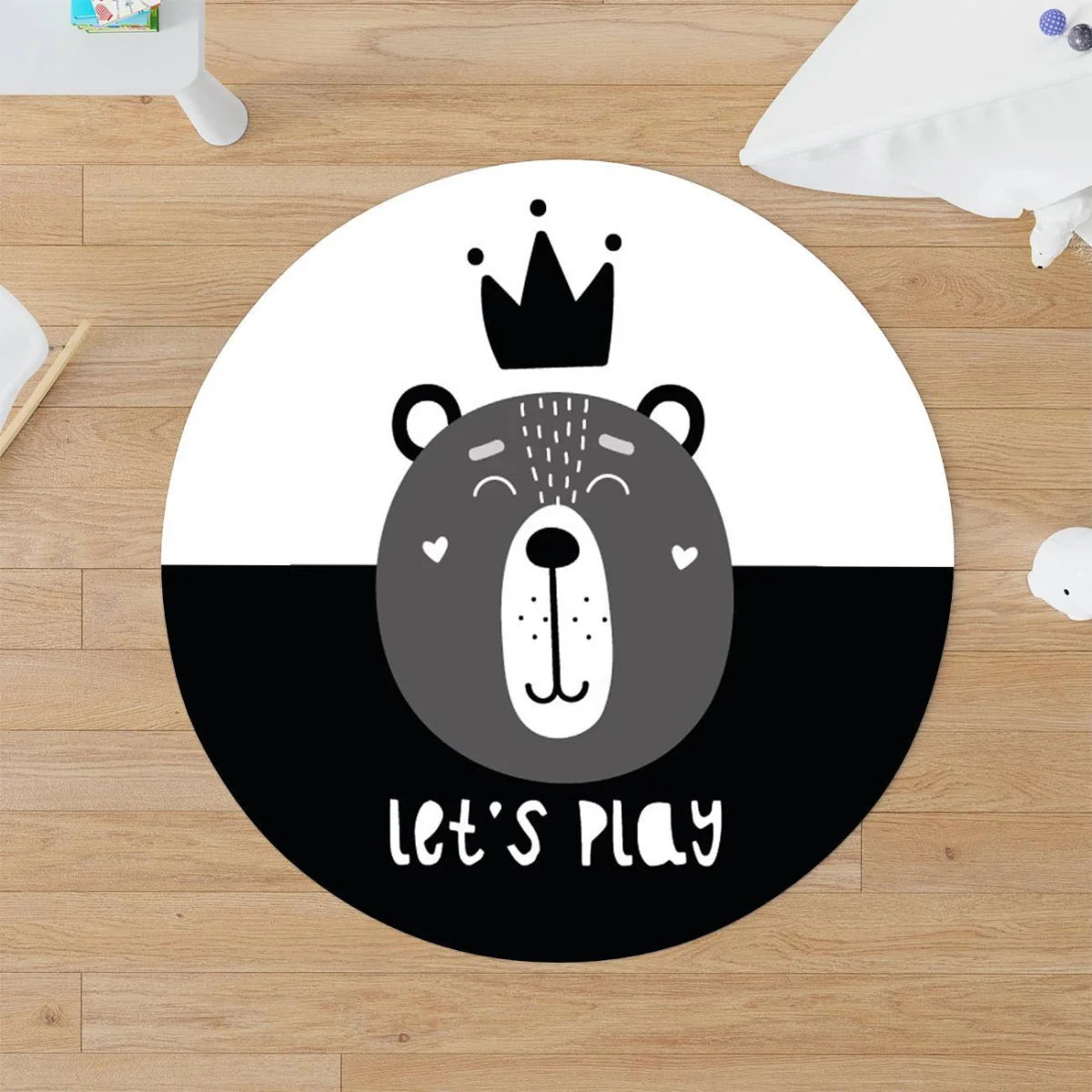 Kral Ayı Yuvarlak Halı | Beyaz taç, Let's Play yazısı Desenli