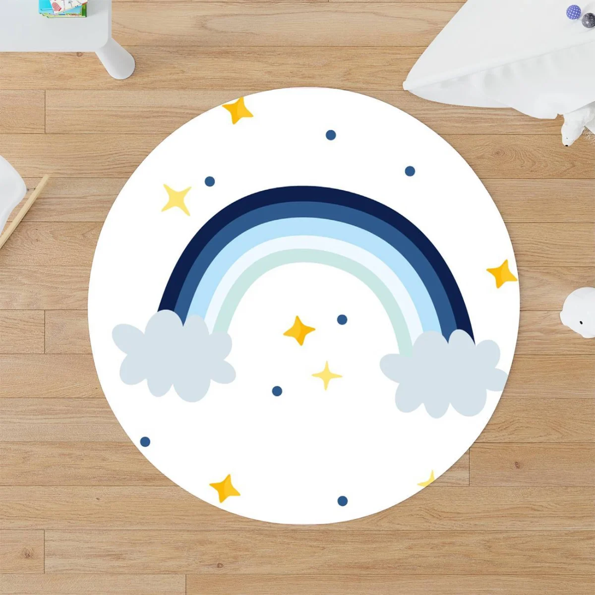 Prens Yuvarlak Halı | Beyaz gökkuşağı, bulut Desenli
