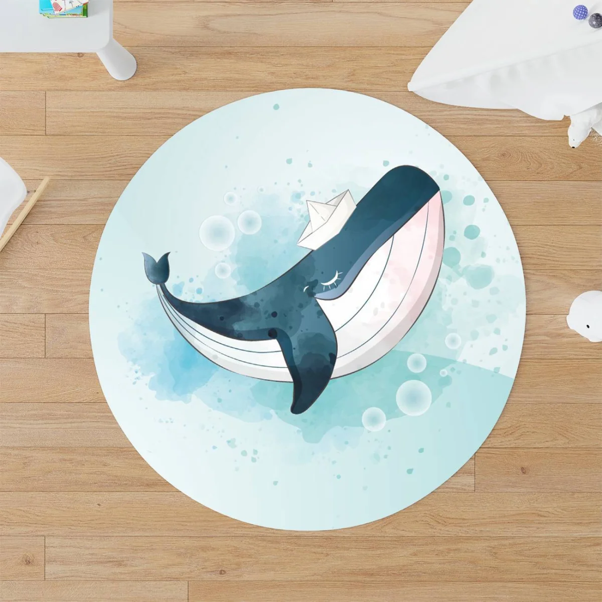 Balina Yuvarlak Halı | Açık Mavi Baloncuklar, kağıt gemi Desenli