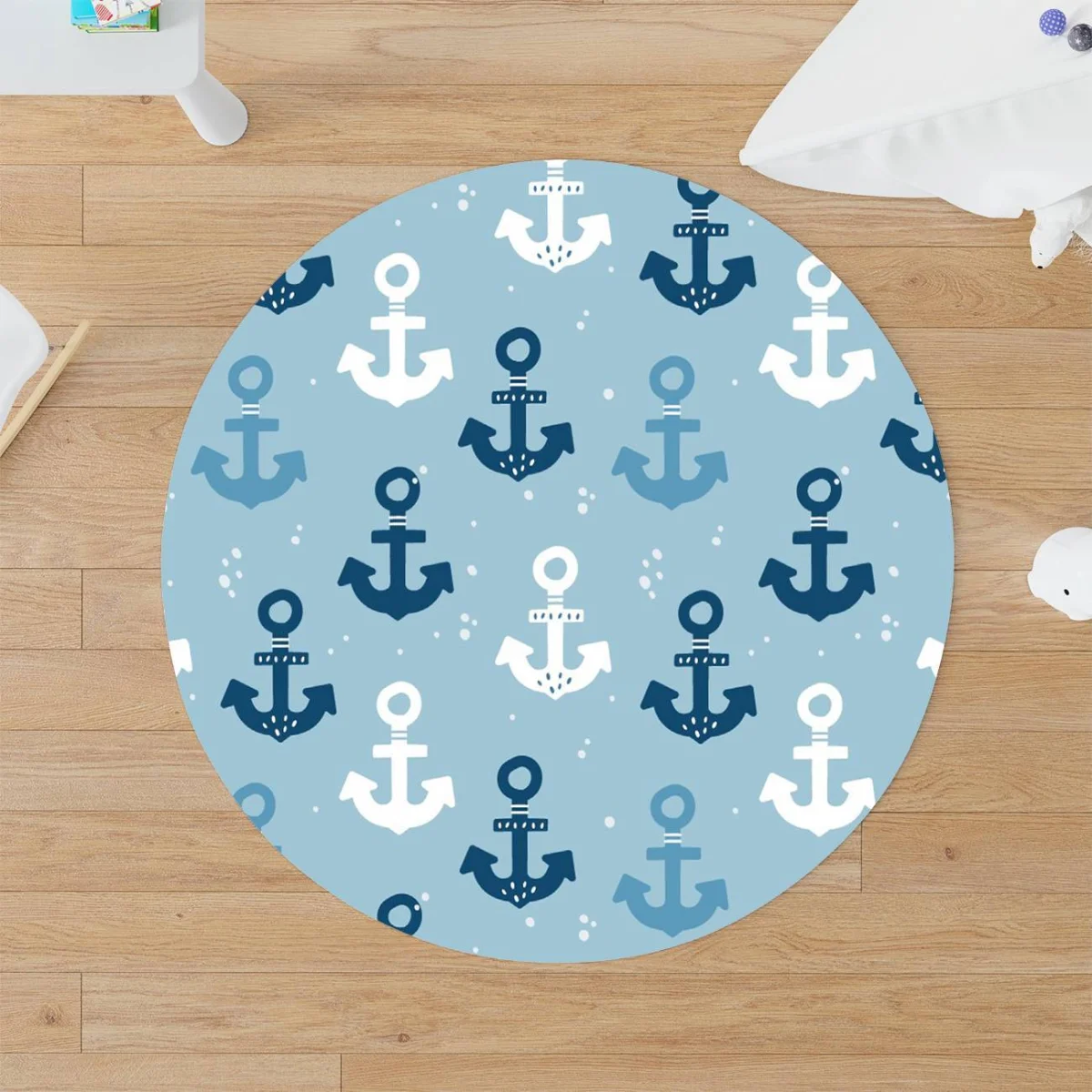 Çapa Yuvarlak Halı | Mavi Halat deseni, beyaz noktalar Desenli