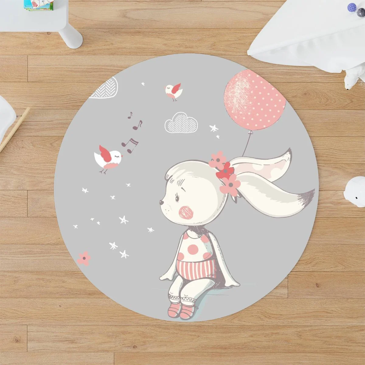 Tavşan ve Kuşlar Yuvarlak Halı | Gri Bulut, yıldız Desenli