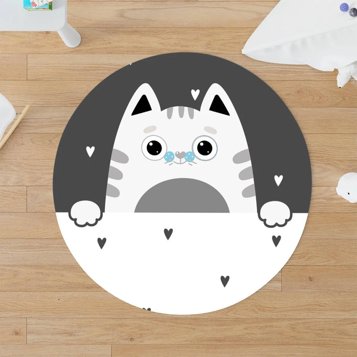 Kedi Yuvarlak Halı | Beyaz kalp desenleri, kuşlar Desenli