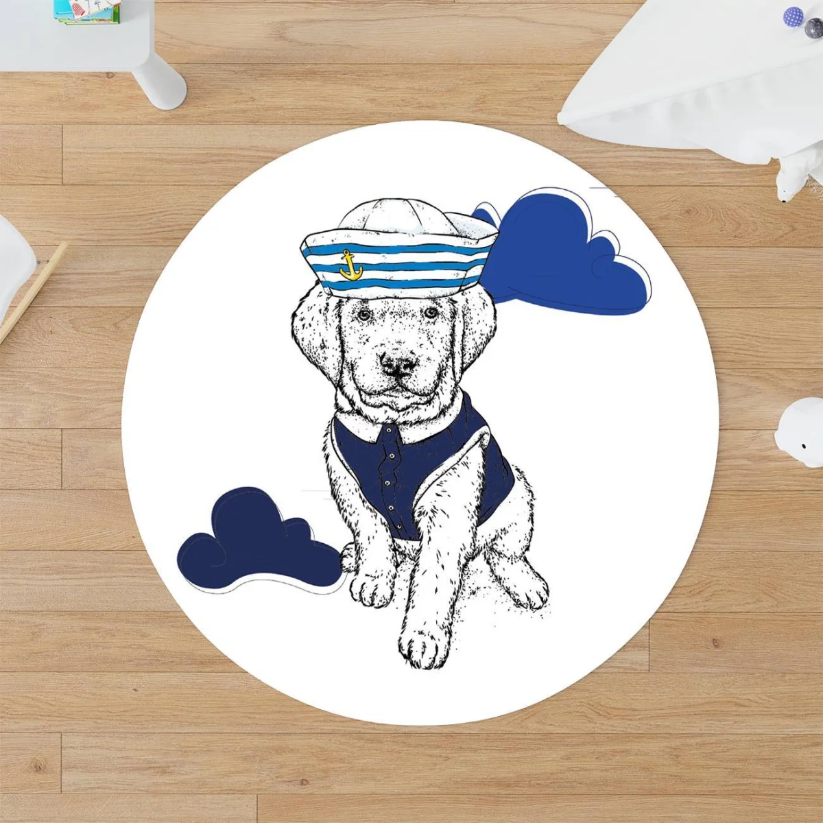 Denizci Yavru Köpek Yuvarlak Halı | Beyaz mavi bulutlar, çapa Desenli