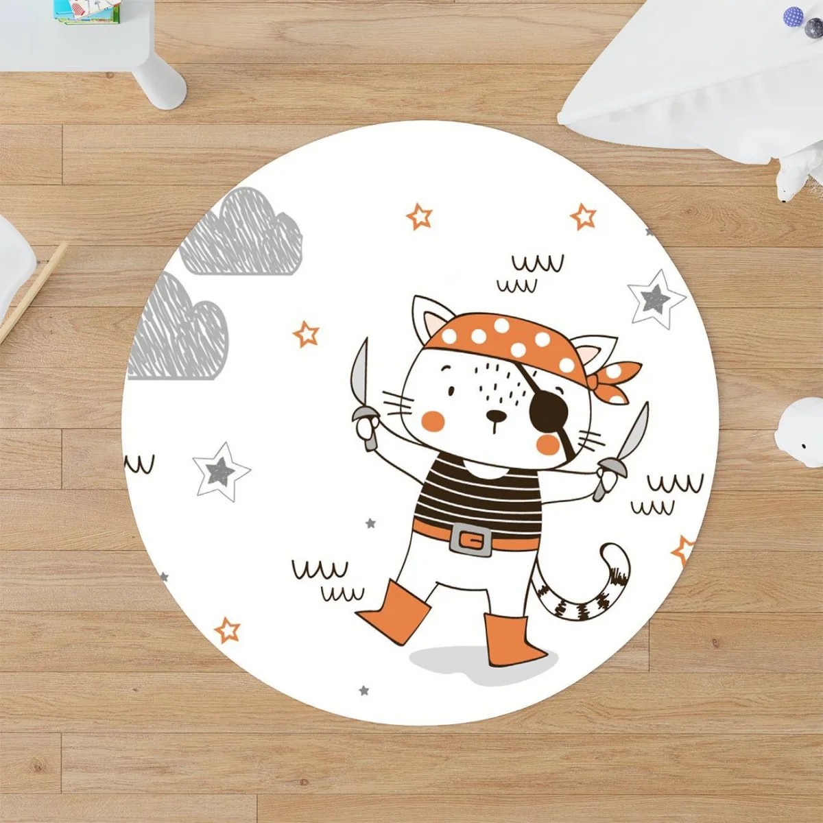 Korsan Kedi Yuvarlak Halı | Beyaz yıldızlar, bulutlar Desenli