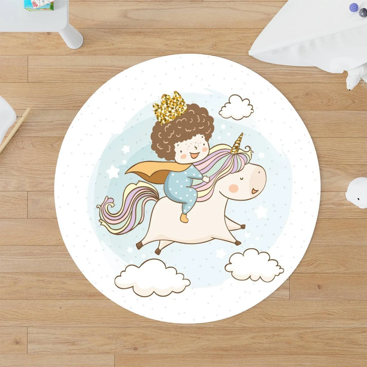 Unicorn Yuvarlak Halı | Beyaz yıldız, bulut Desenli