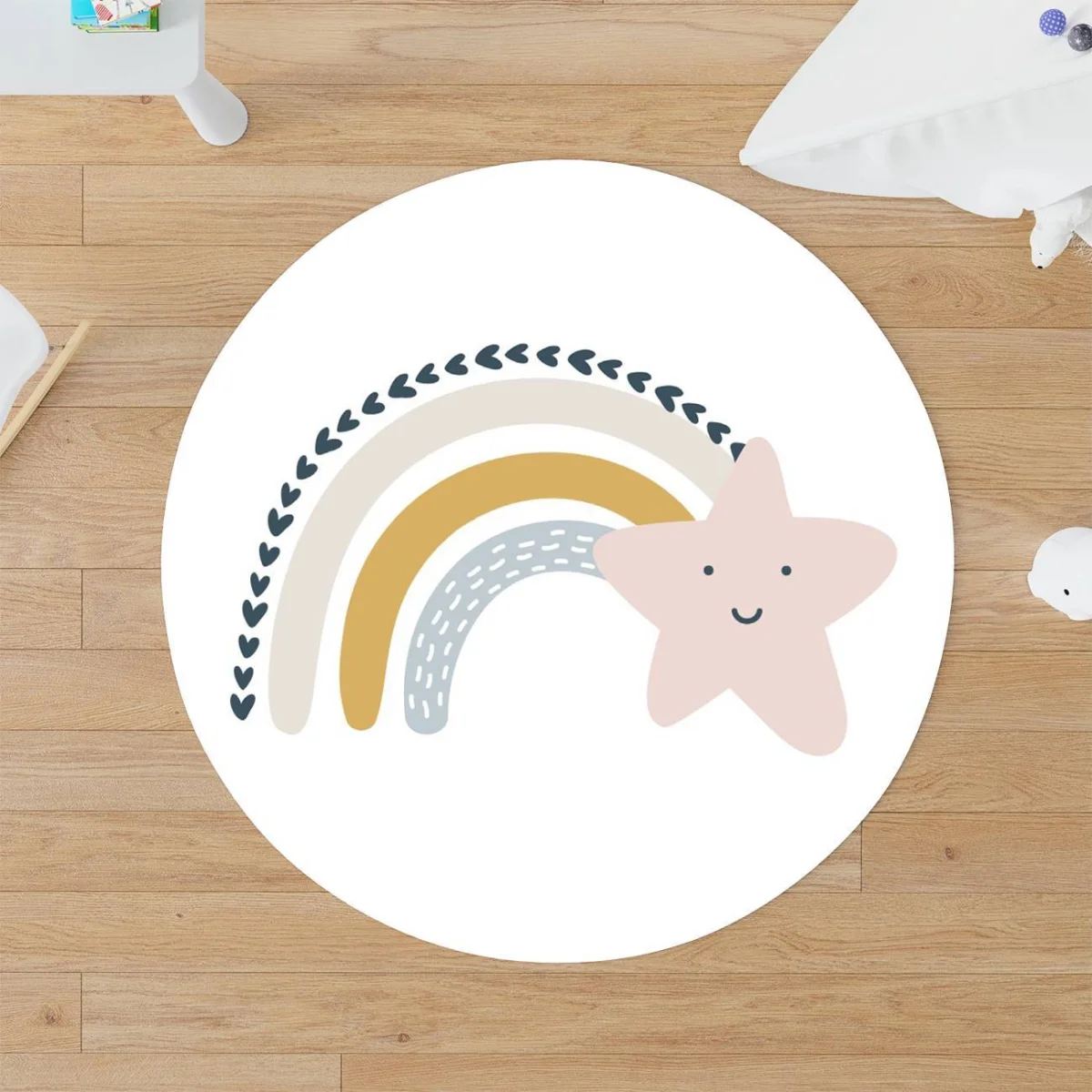 Gökkuşağı ve Yıldızlar Yuvarlak Halı | Beyaz gökkuşağı, yıldızlar Desenli