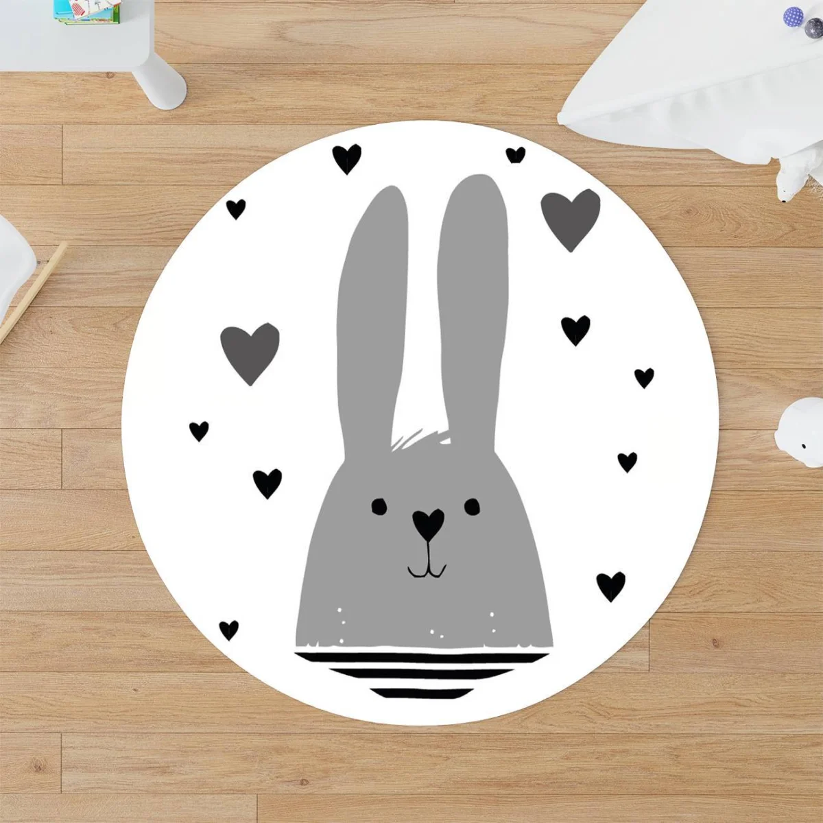 Tavşan Yuvarlak Halı | Beyaz kalp desenleri Desenli