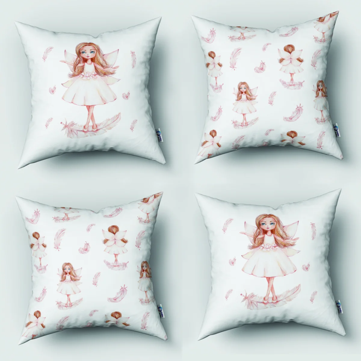 Çocuk figürü 4lü Kırlent | Beyaz Soyut renkli geçişler, dağınık renkli noktalar Desenli