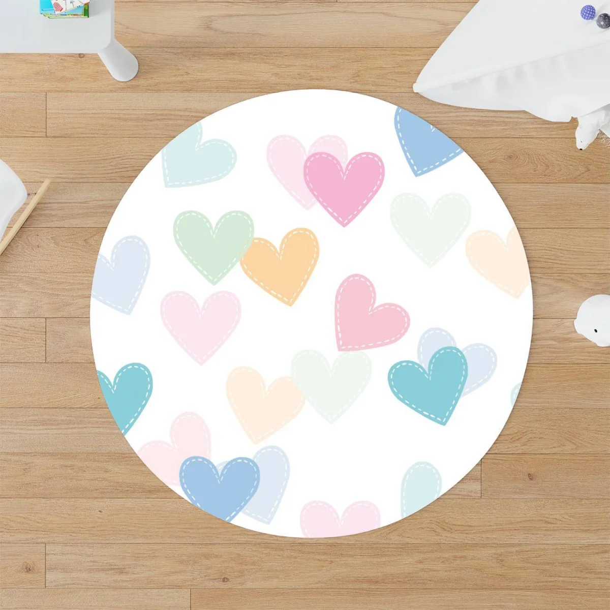 Bulut ve kalpler Yuvarlak Halı | Beyaz Gülümseyen bulut, pastel renkli kalpler Desenli