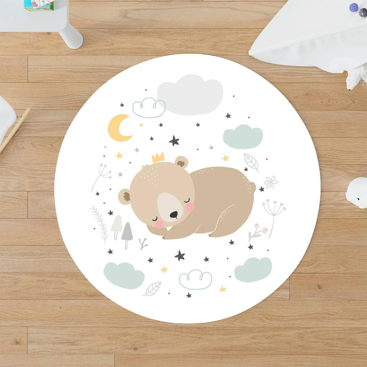 Uyuyan Ayı Yuvarlak Halı | Beyaz Ay, yıldızlar Desenli