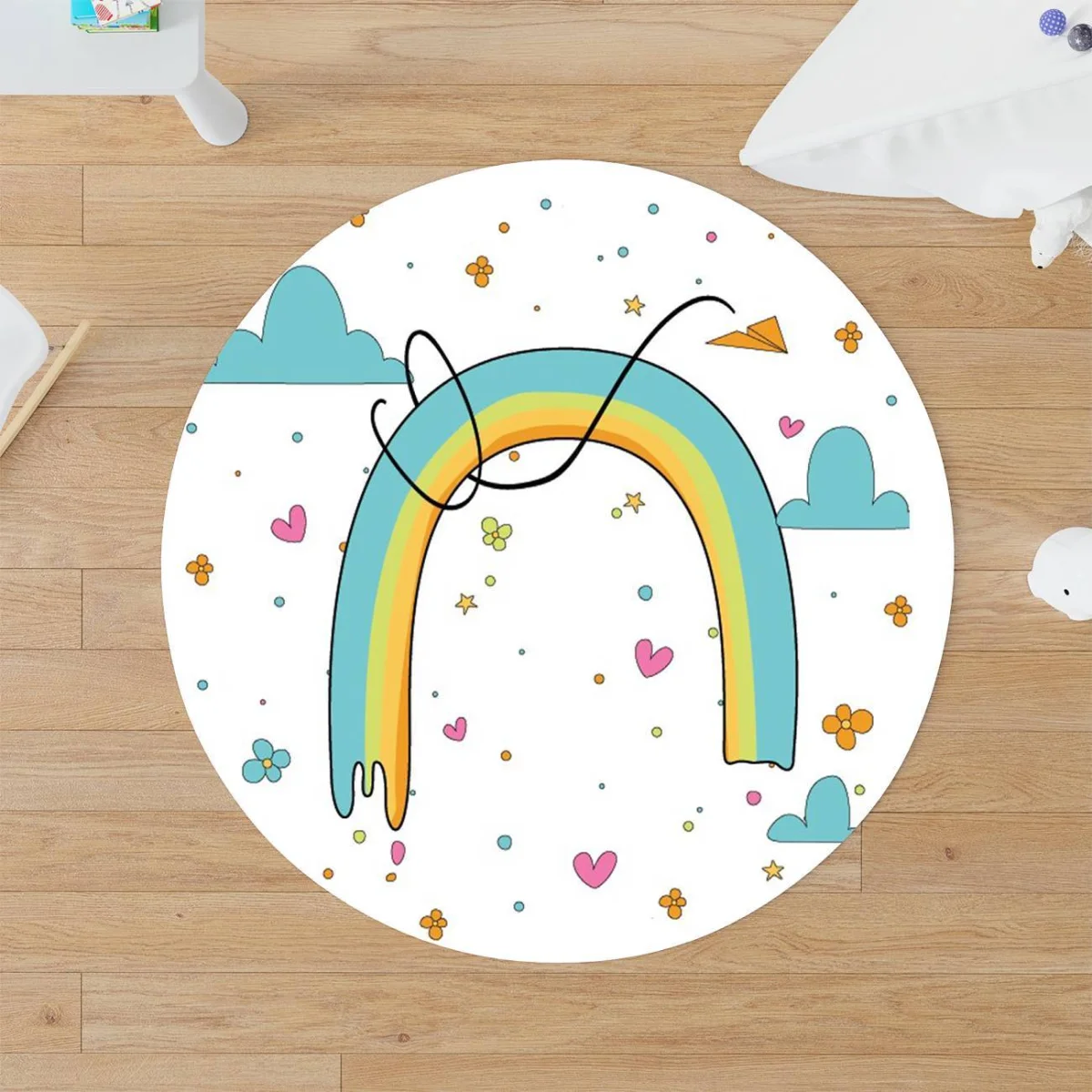 Gökkuşağı Yuvarlak Halı | Beyaz bulut, kalp Desenli