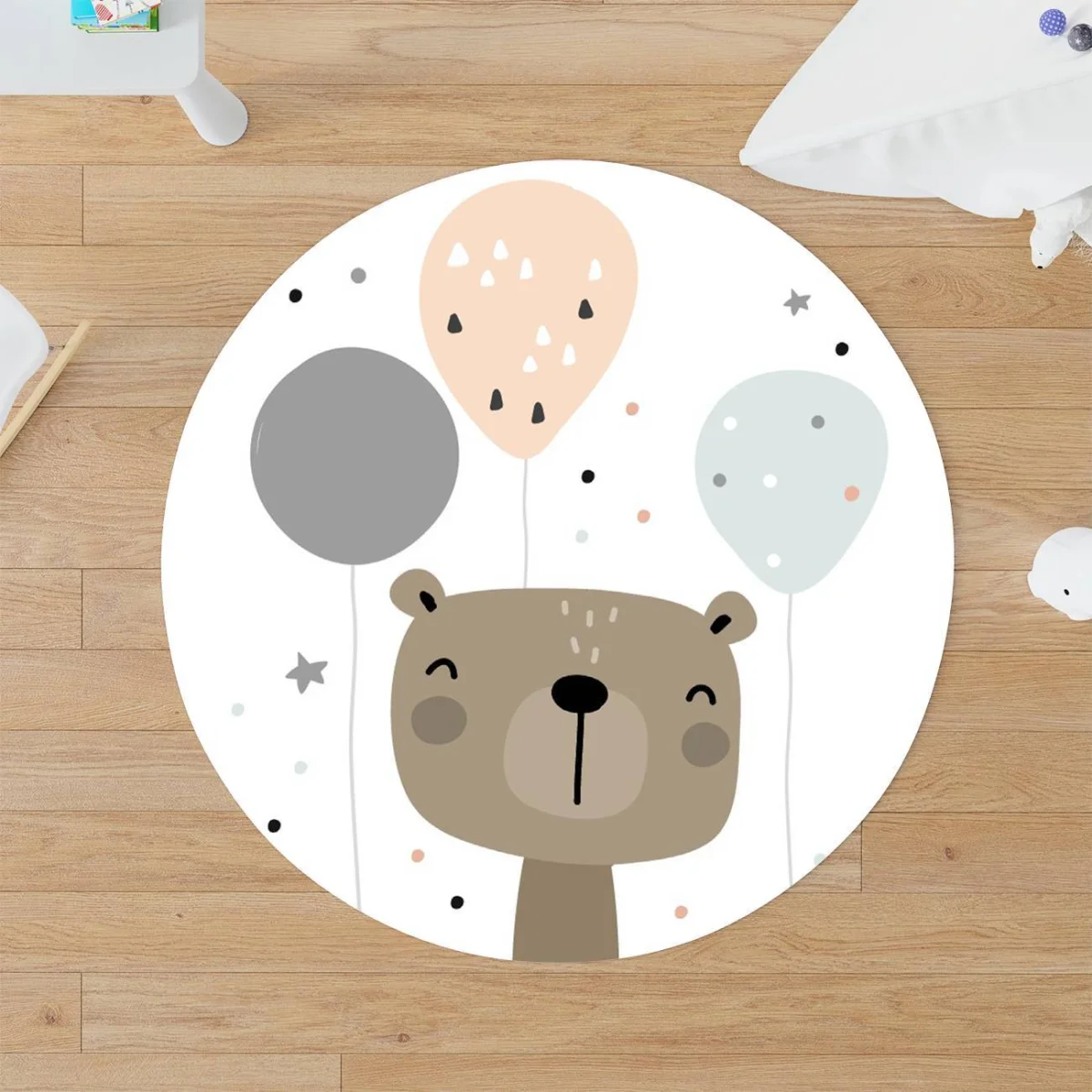 Ayı Yuvarlak Halı | Beyaz balonlar, bulutlar Desenli