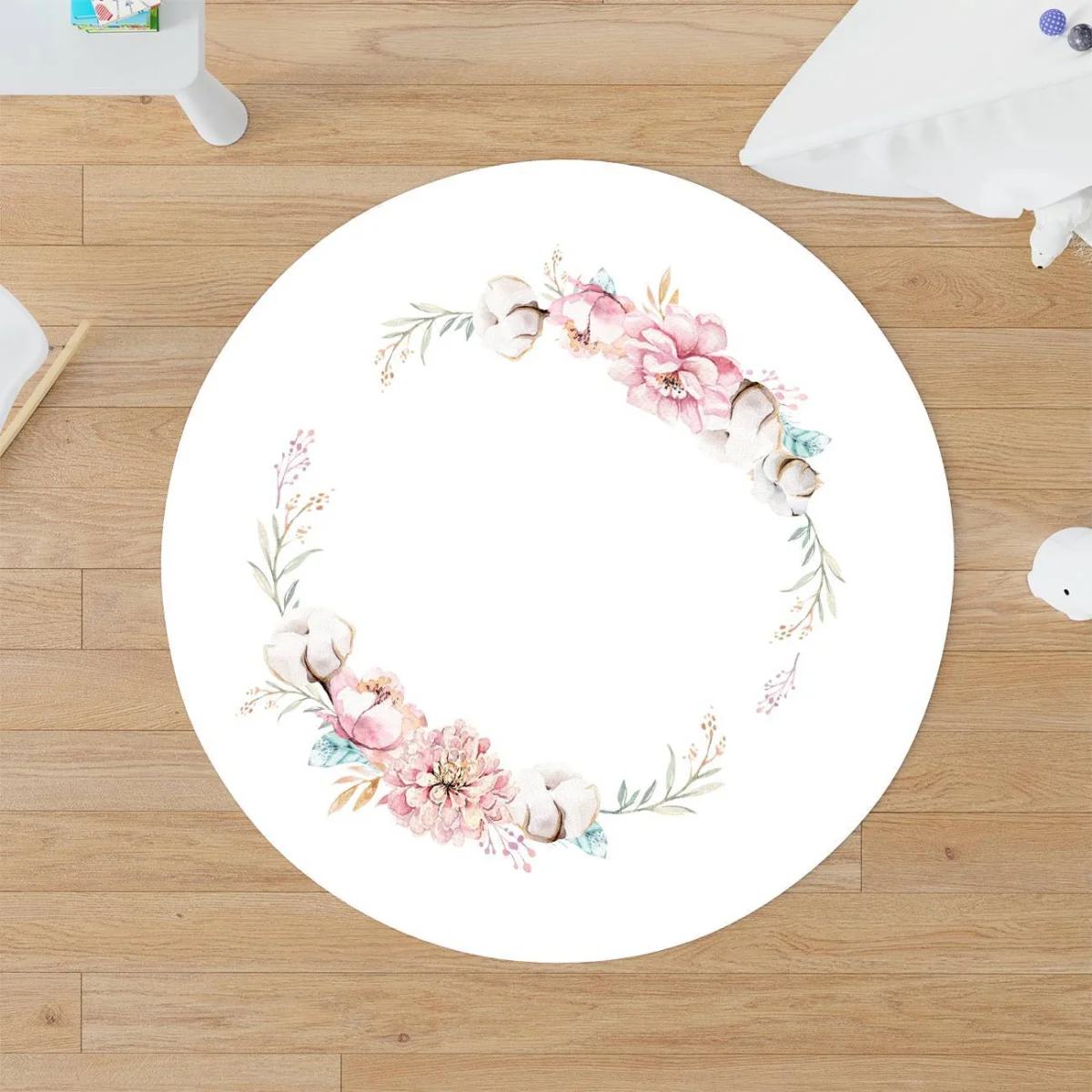 Çiçek ve kelebekler Yuvarlak Halı | Beyaz Pembe çiçek, yaprak Desenli