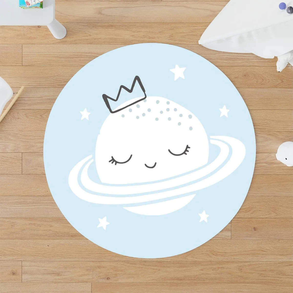 Uzay Yuvarlak Halı | Mavi yıldızlar, taç Desenli