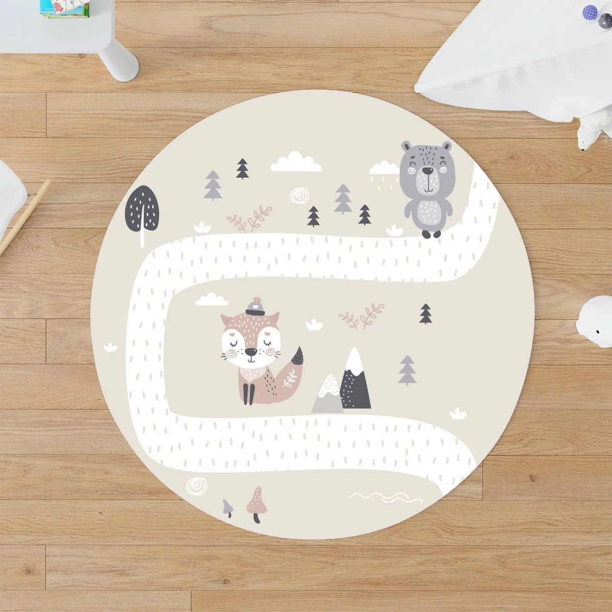 Orman Hayvanları Yuvarlak Halı | Bej Yol, ağaçlar Desenli