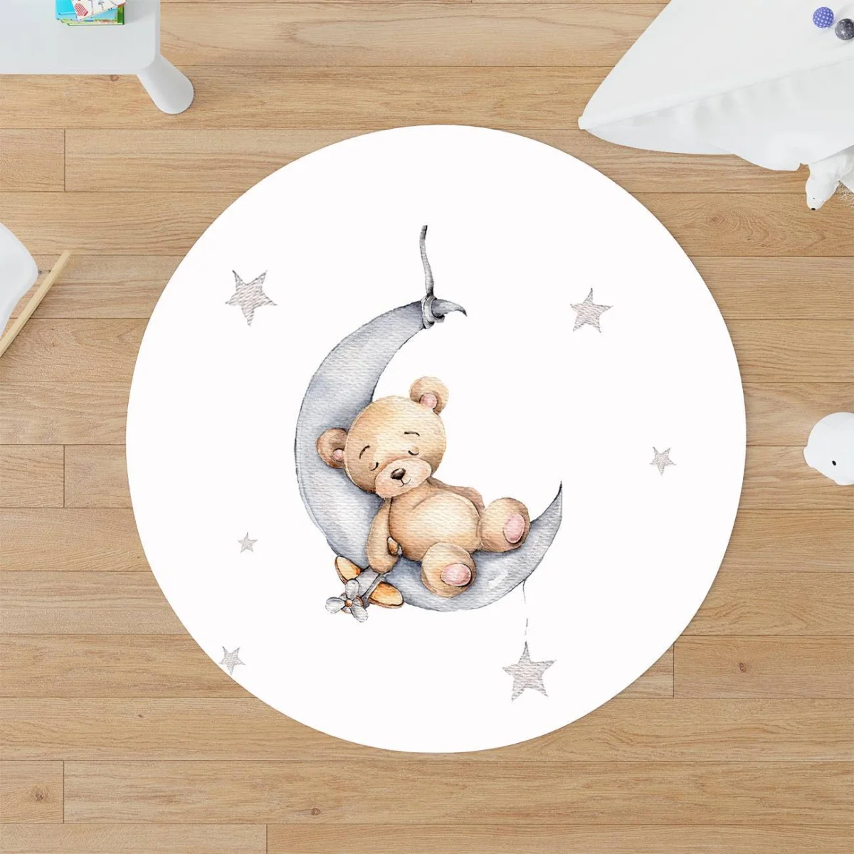 Uyuyan ayıcık ve ay Yuvarlak Halı | Beyaz Yıldızlar, küçük uçak Desenli