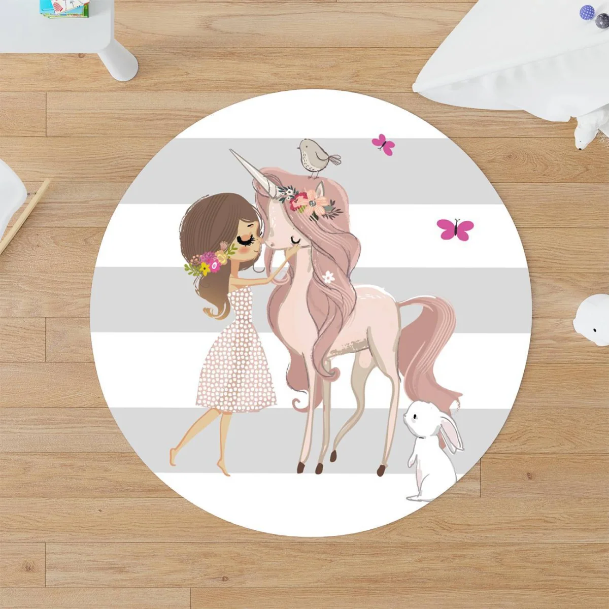 Unicorn Yuvarlak Halı | Beyaz kız, kuş Desenli
