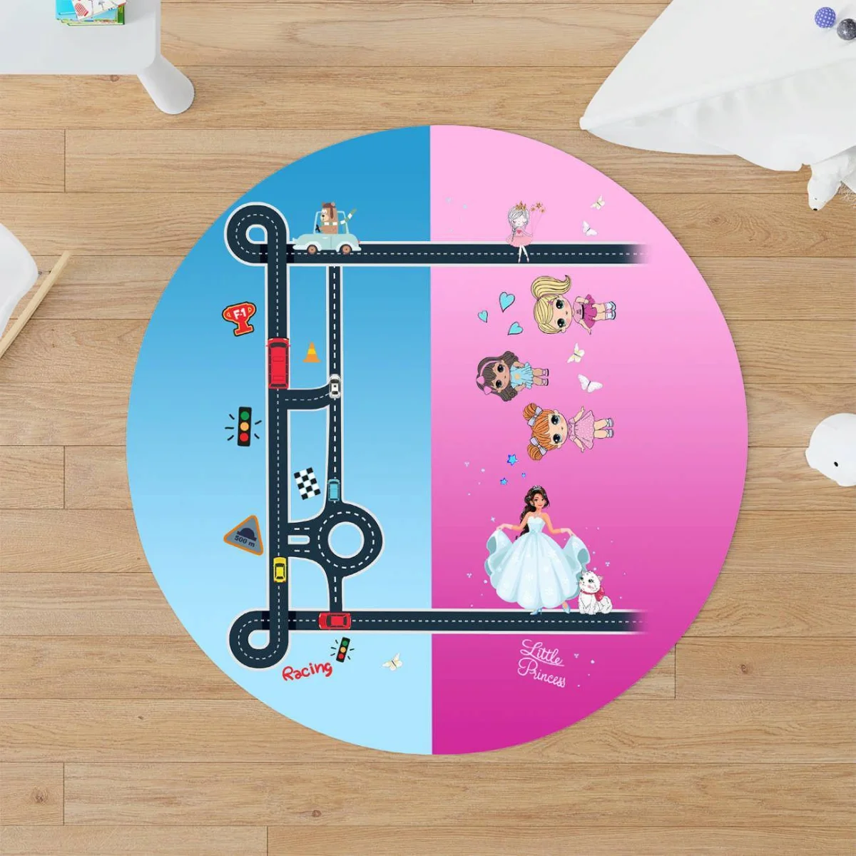 Prensesler, Arabalar, Yol Haritası Yuvarlak Halı | Pembe, Mavi yıldızlar, trafik ışıkları Desenli