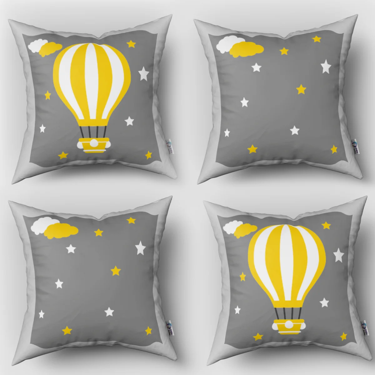 Sıcak hava balonu 4lü Kırlent | Gri yıldız, bulut Desenli