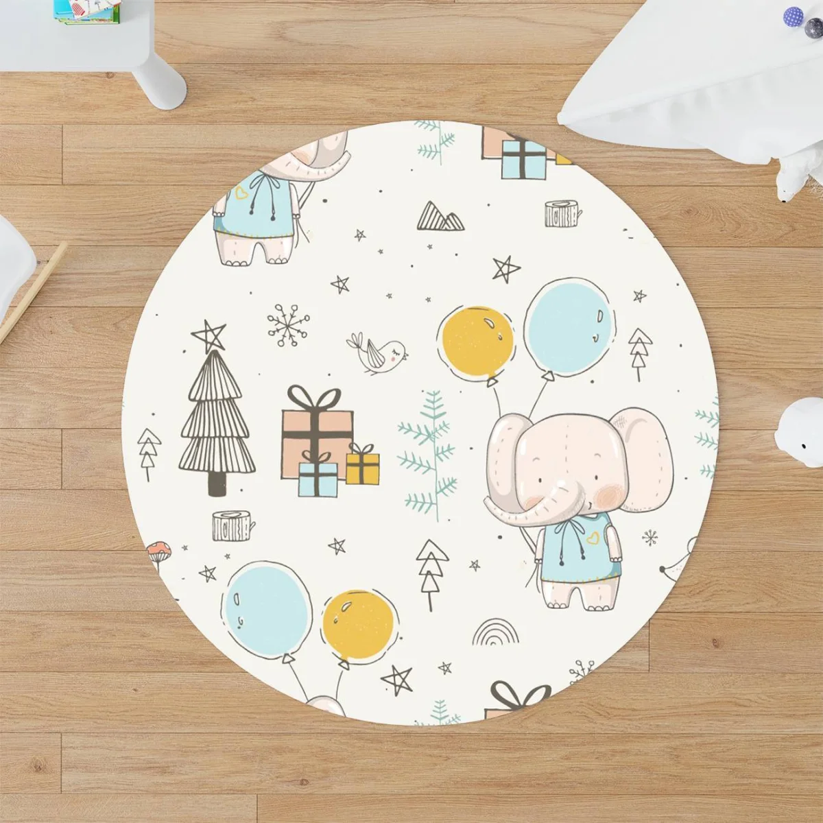 Fil, Orman Hayvanları Yuvarlak Halı | Beyaz yıldız, balon Desenli