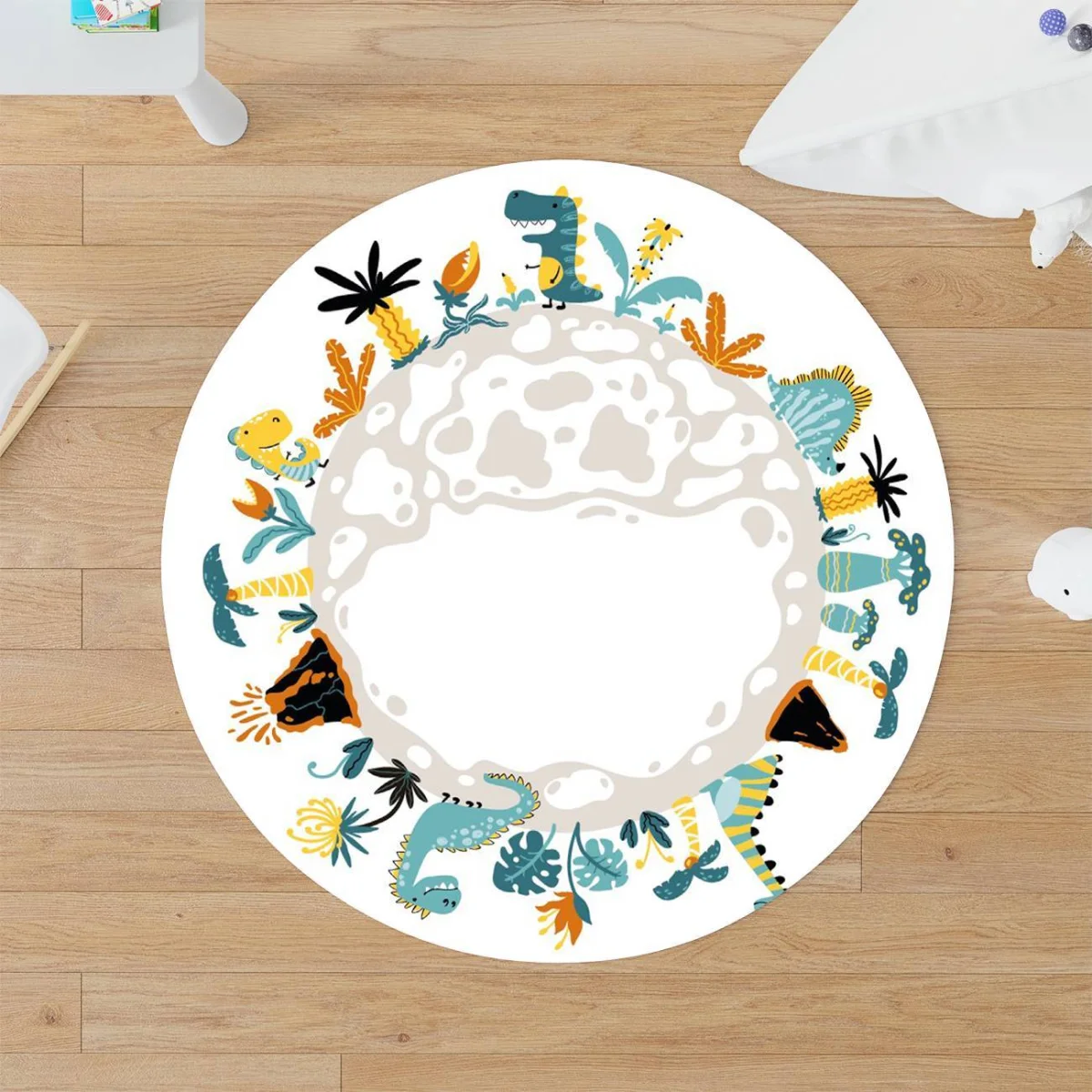 Dinozor Dünyası Yuvarlak Halı | Beyaz Bulutlar, volkanlar Desenli