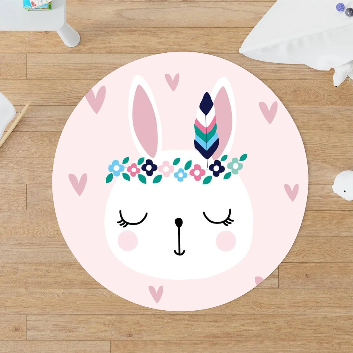 Tavşan Yuvarlak Halı | Pembe Kalpler, çiçekler Desenli