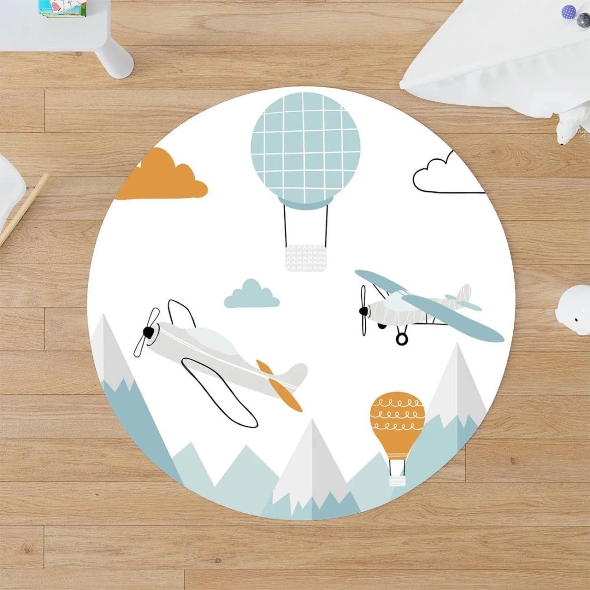 Uçaklar ve Balonlar Yuvarlak Halı | Beyaz uçak, sıcak hava balonları Desenli