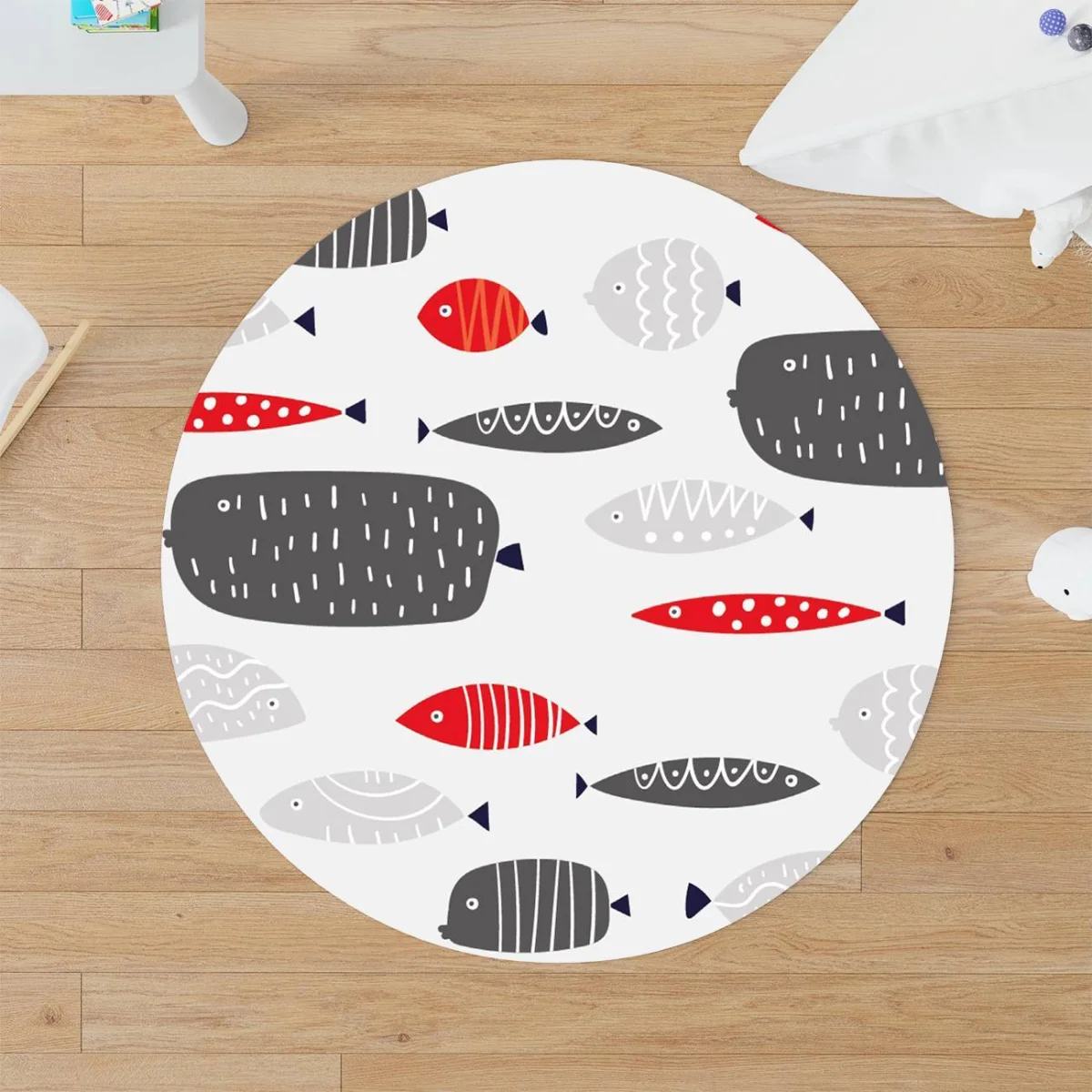 Balık Yuvarlak Halı | Beyaz Dalga, küçük balık Desenli
