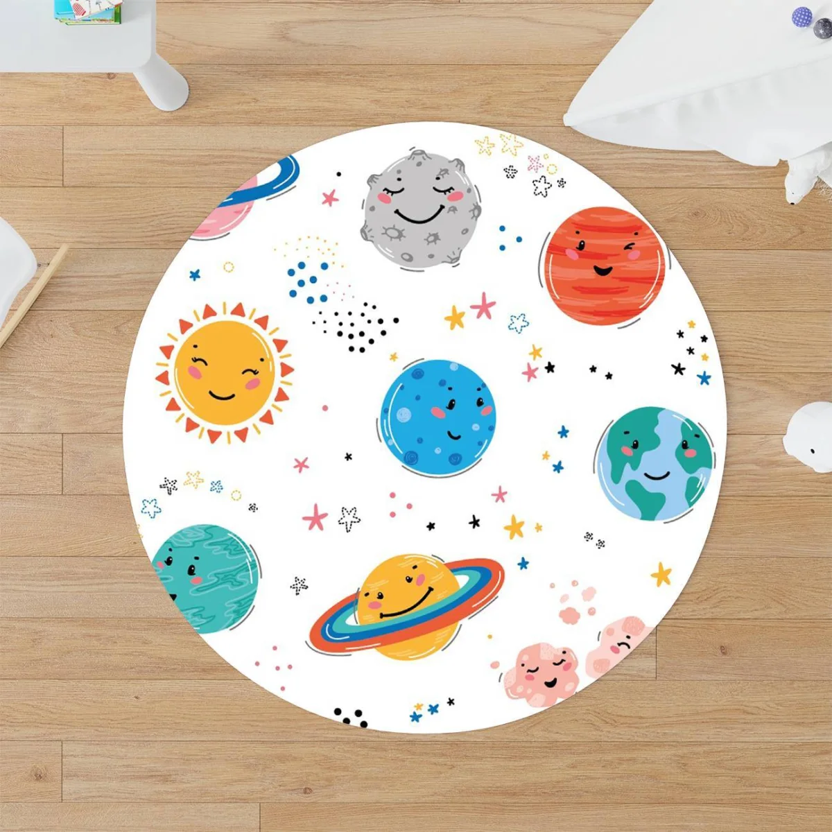 Uzay Yuvarlak Halı | Beyaz gezegenler, güneş Desenli