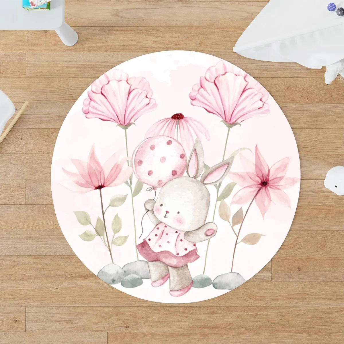 Tavşan ve Çiçekler Yuvarlak Halı | Beyaz Kelebek, balon Desenli