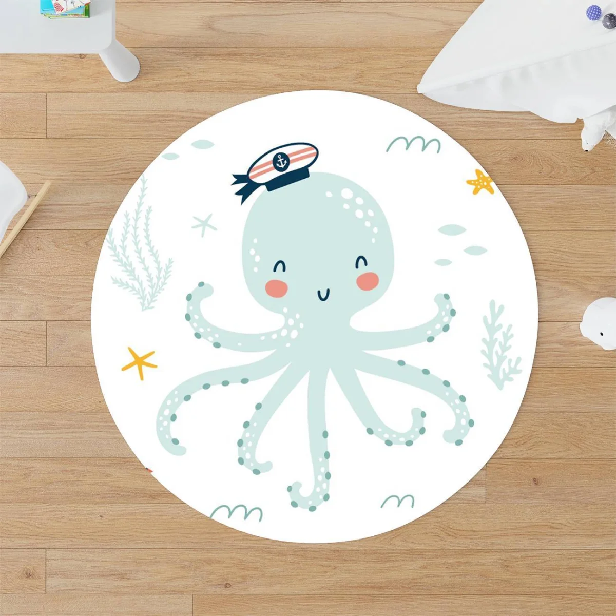 Ahtapot Yuvarlak Halı | Beyaz yelkenli, deniz yıldızı Desenli
