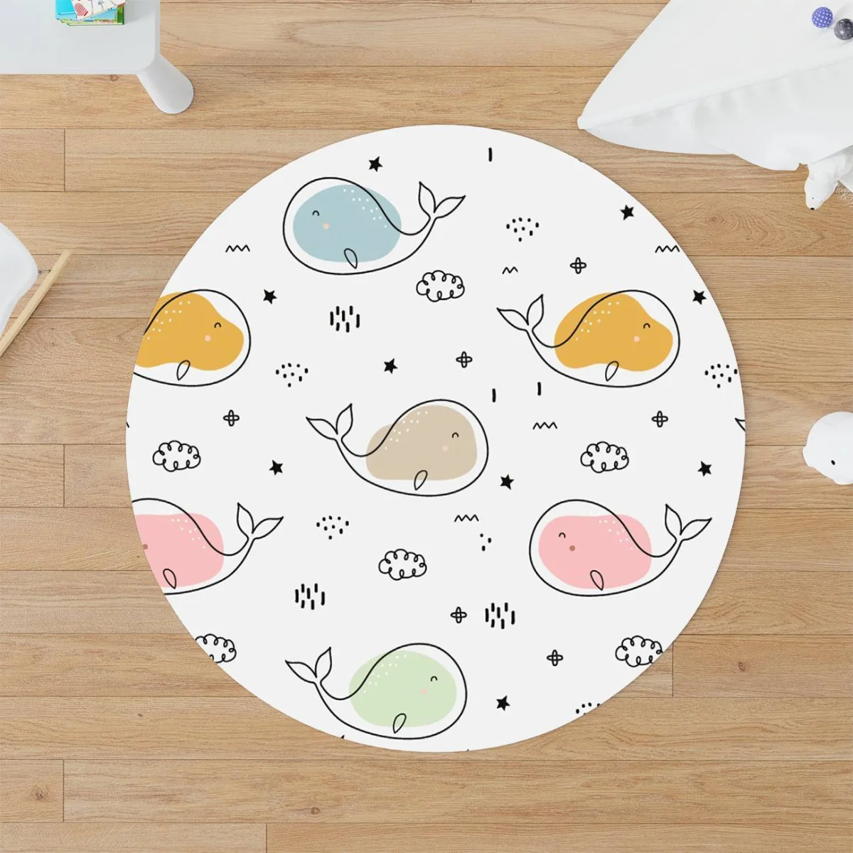 Balinalar Yuvarlak Halı | Beyaz yıldız, bulut Desenli