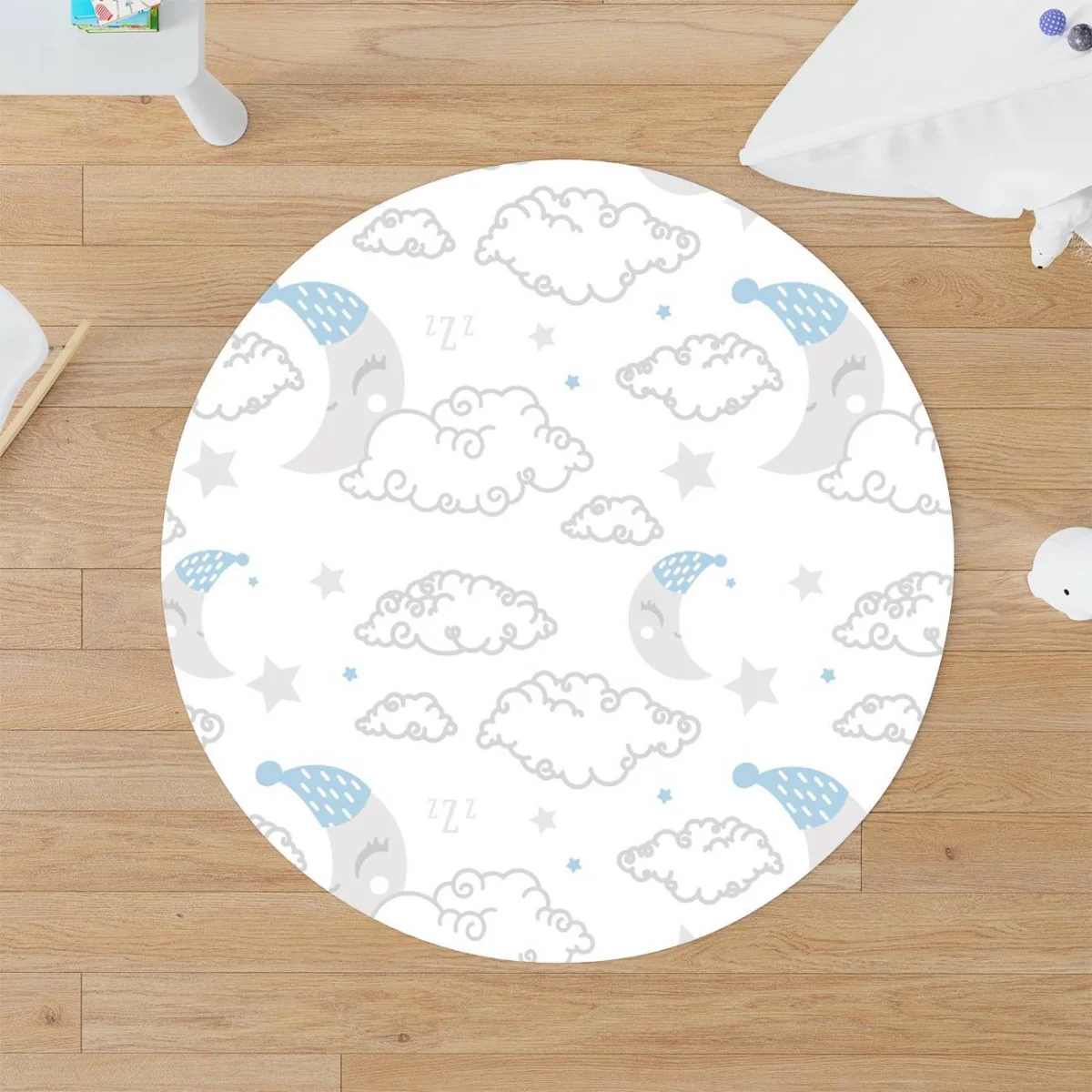 Uyku Temalı Ay ve Bulutlar Yuvarlak Halı | Beyaz uyuyan ay, bulutlar Desenli