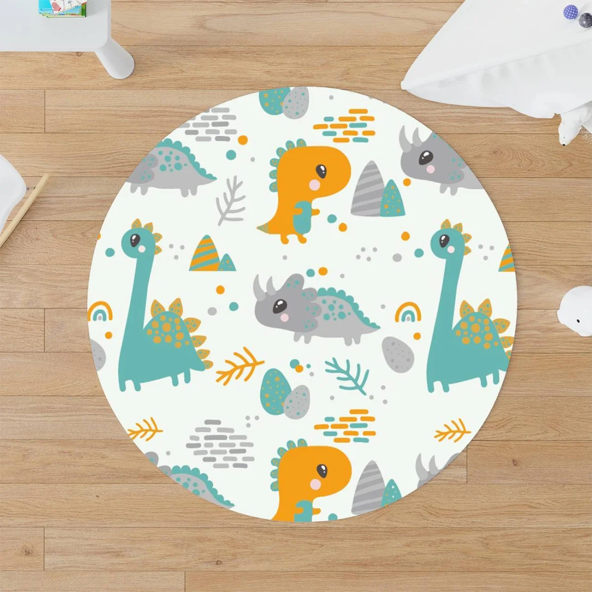 Dinozorlar Yuvarlak Halı | Beyaz yaprak, yumurta Desenli