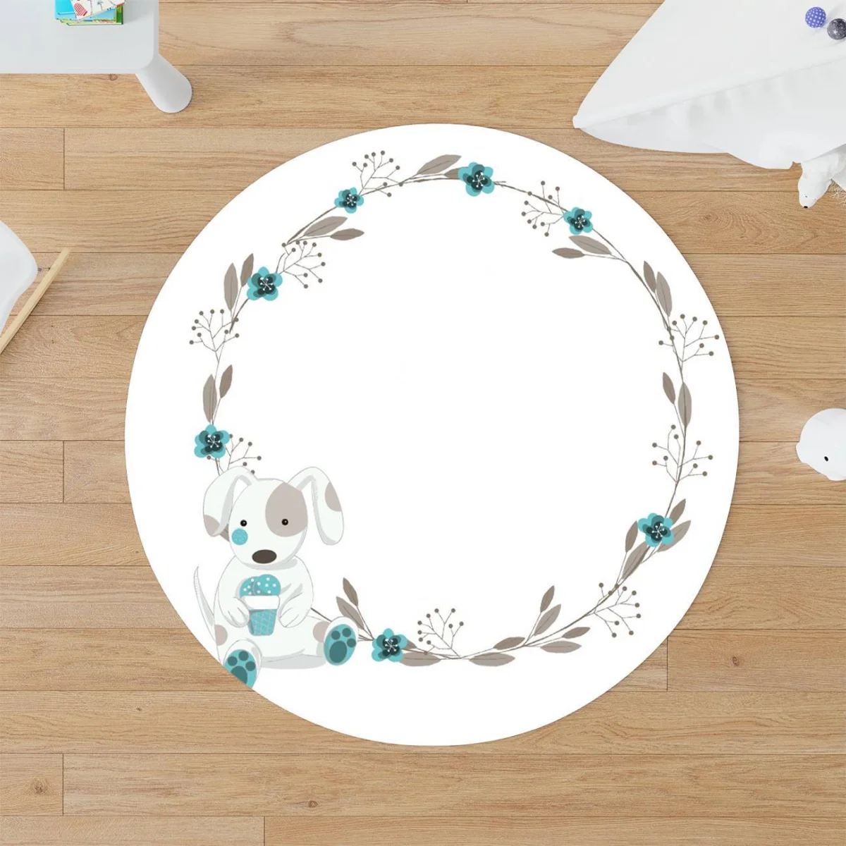 Köpek Yuvarlak Halı | Beyaz Çiçekli çelenk, cupcake Desenli