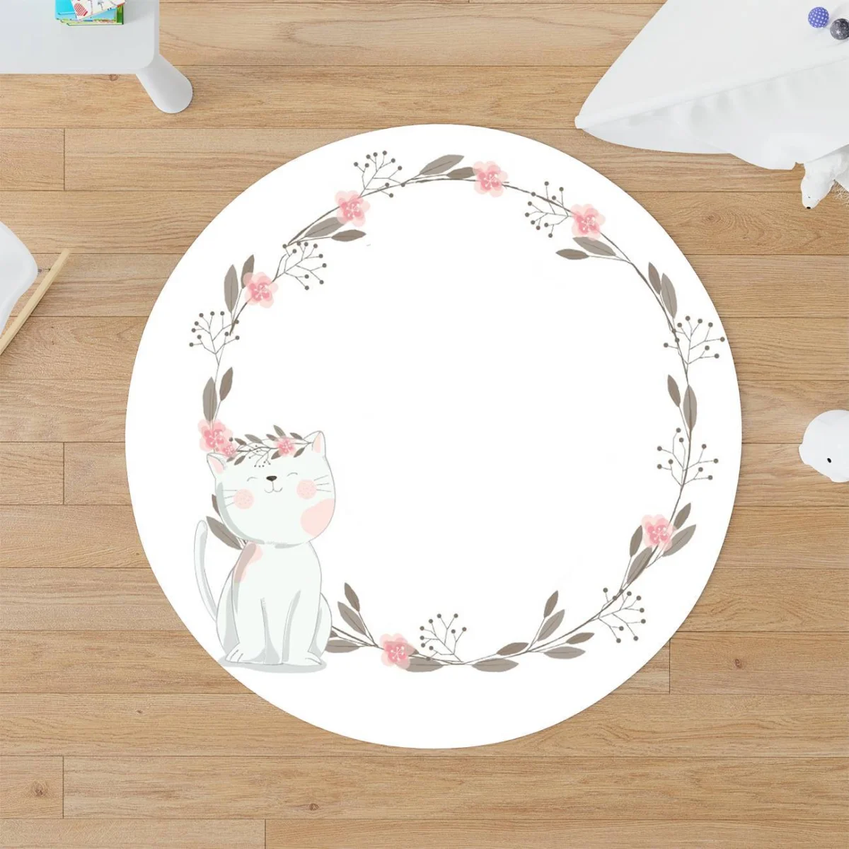 Kedi Yuvarlak Halı | Beyaz Çiçekli çelenk, pembe çiçekler ve yapraklar Desenli