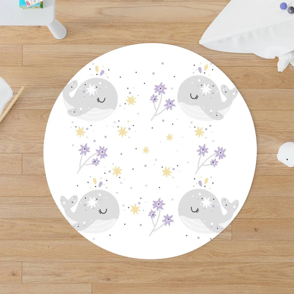 Deniz hayvanları Yuvarlak Halı | Beyaz yıldız, çiçek Desenli
