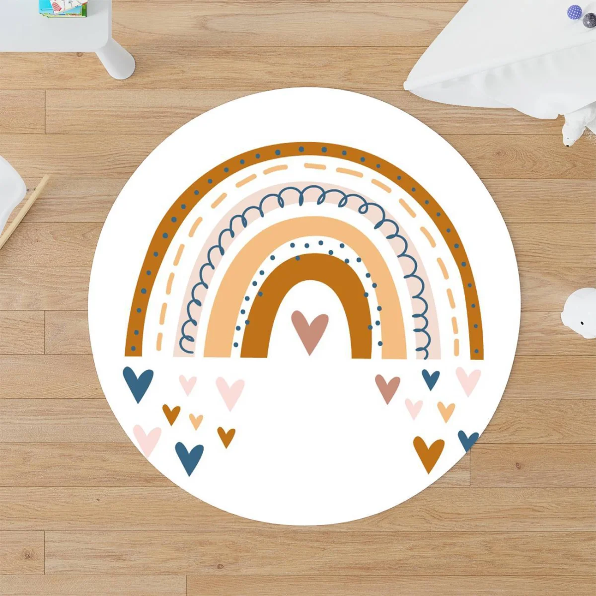 Gökkuşağı Yuvarlak Halı | Beyaz gökkuşağı, bulutlar Desenli