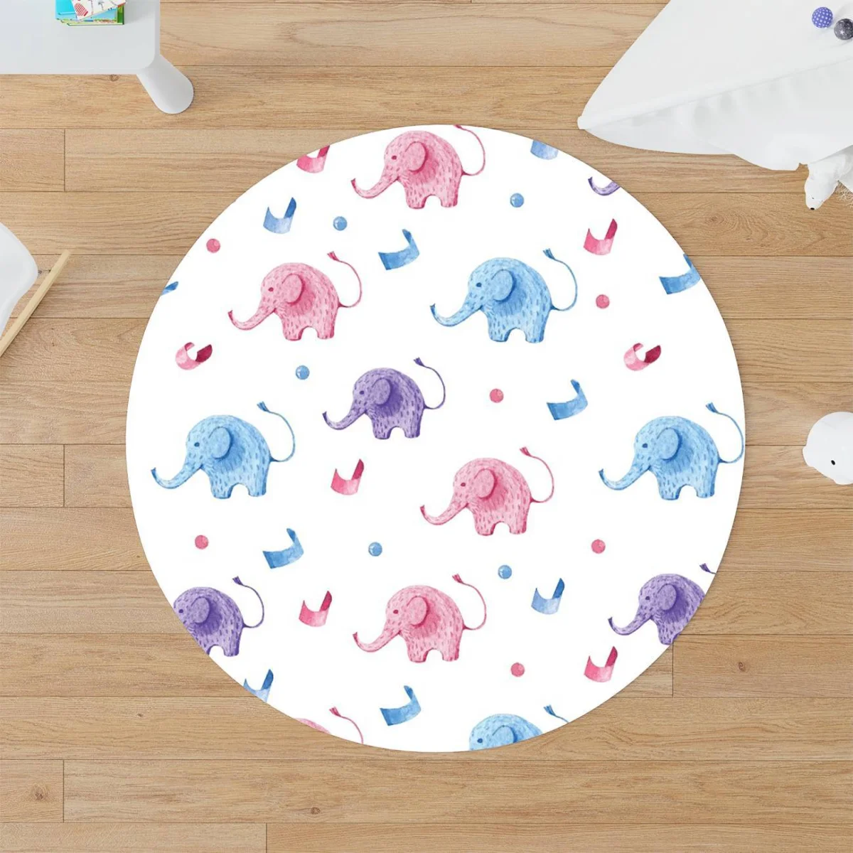 Filler Yuvarlak Halı | Beyaz rengarenk noktalar ve geometrik şekiller Desenli