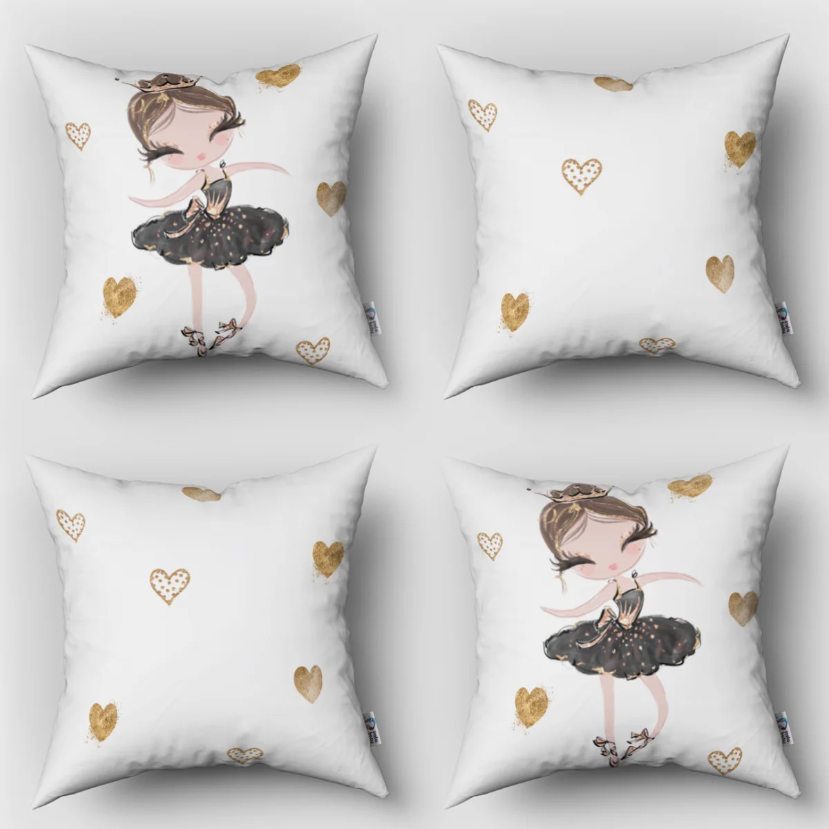 Balerin 4lü Kırlent | Beyaz Altın kalpler Desenli