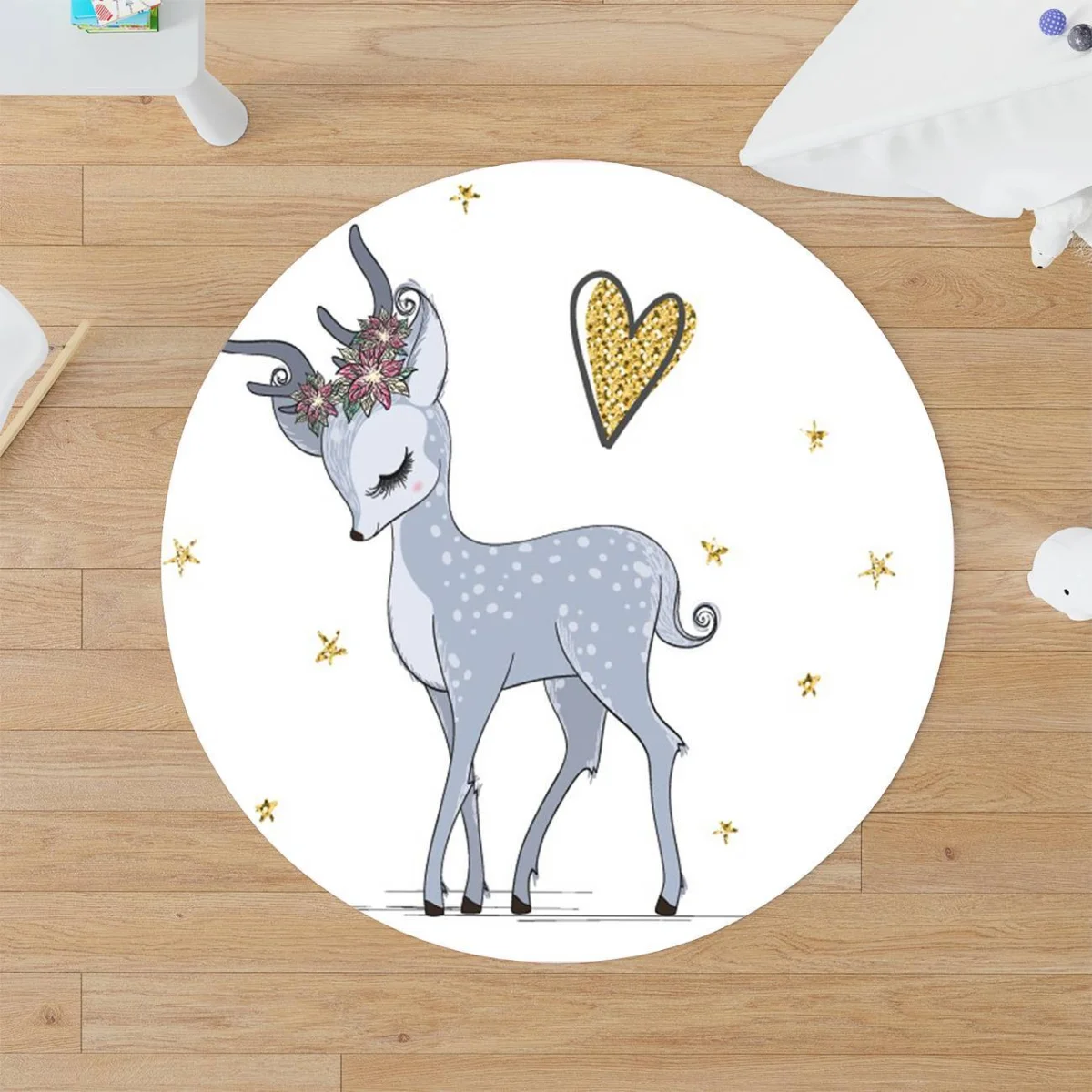 Geyik Yuvarlak Halı | Beyaz çiçek, yıldız Desenli