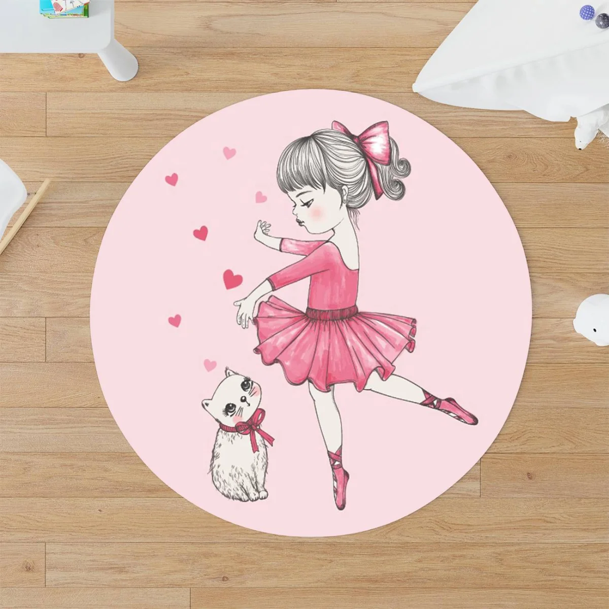 Balerin ve Kedi Yuvarlak Halı | Pembe kalpler Desenli