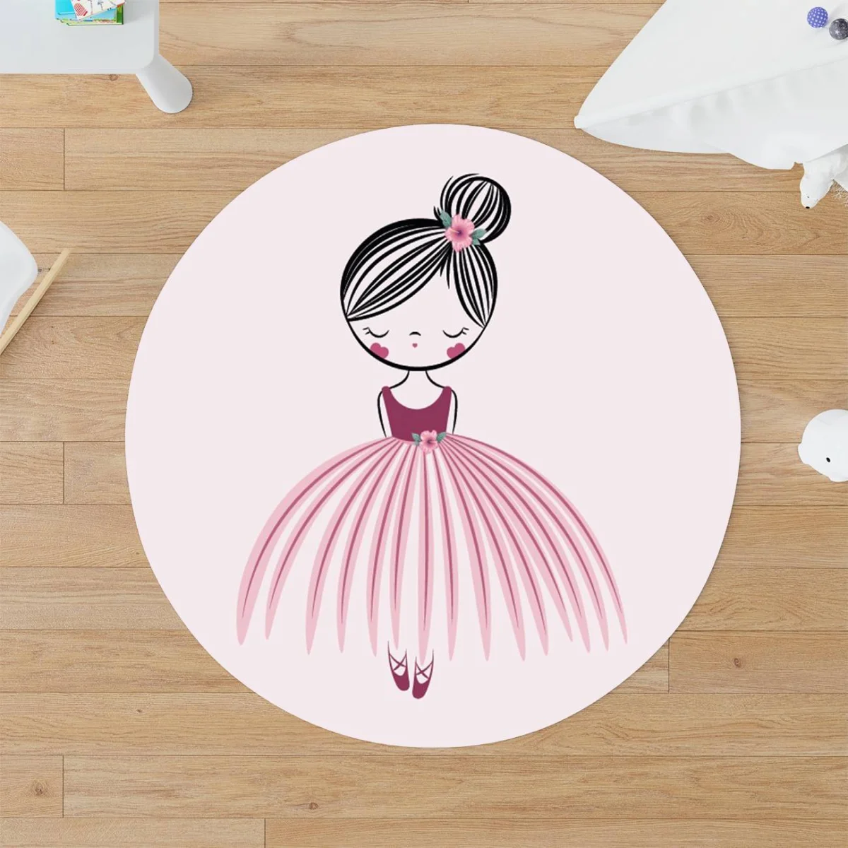 Balerin kız Yuvarlak Halı | Açık pembe Pembe çiçek, bale ayakkabıları Desenli