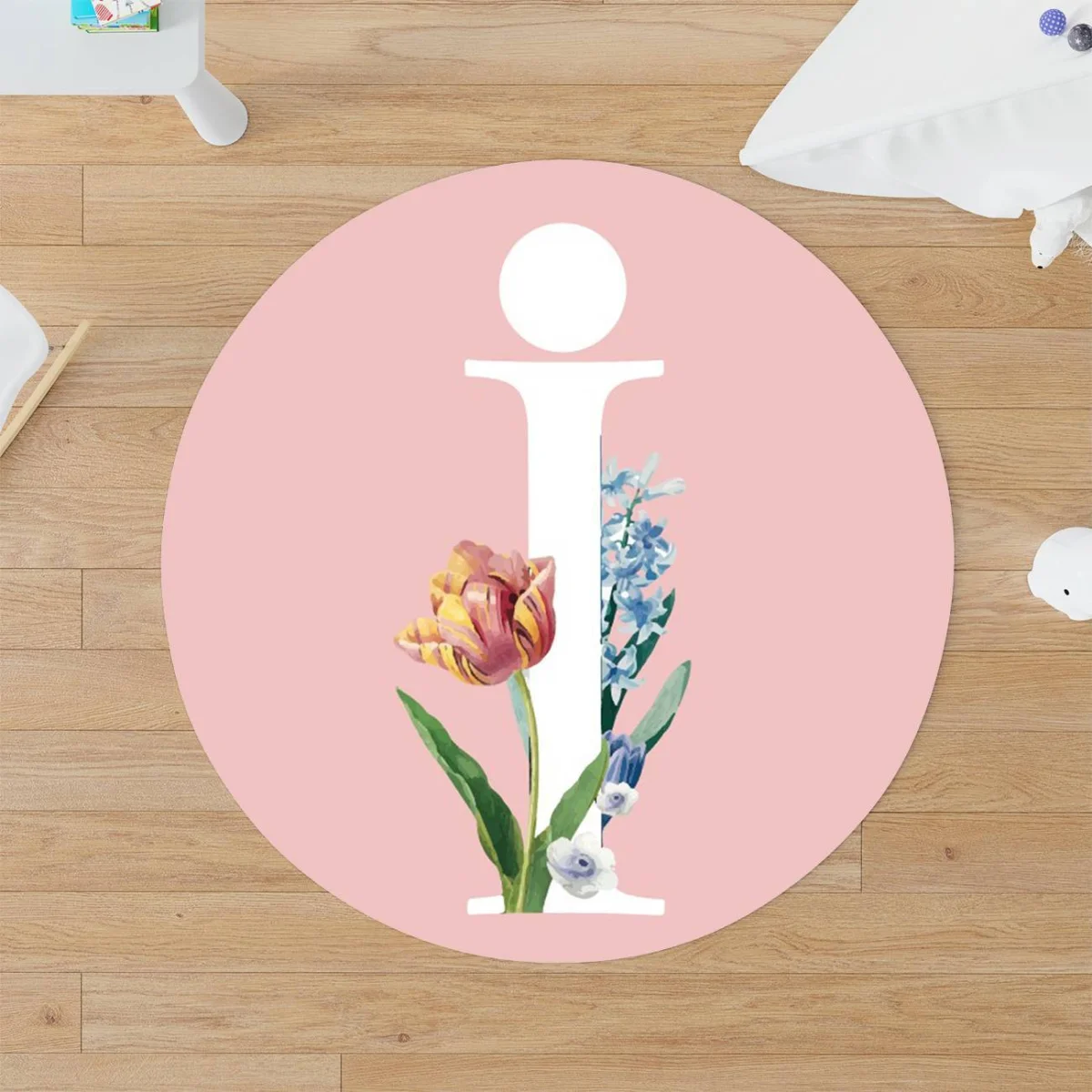 Çiçekli Harf Yuvarlak Halı | Pembe lale, sümbül ve çeşitli çiçekler Desenli